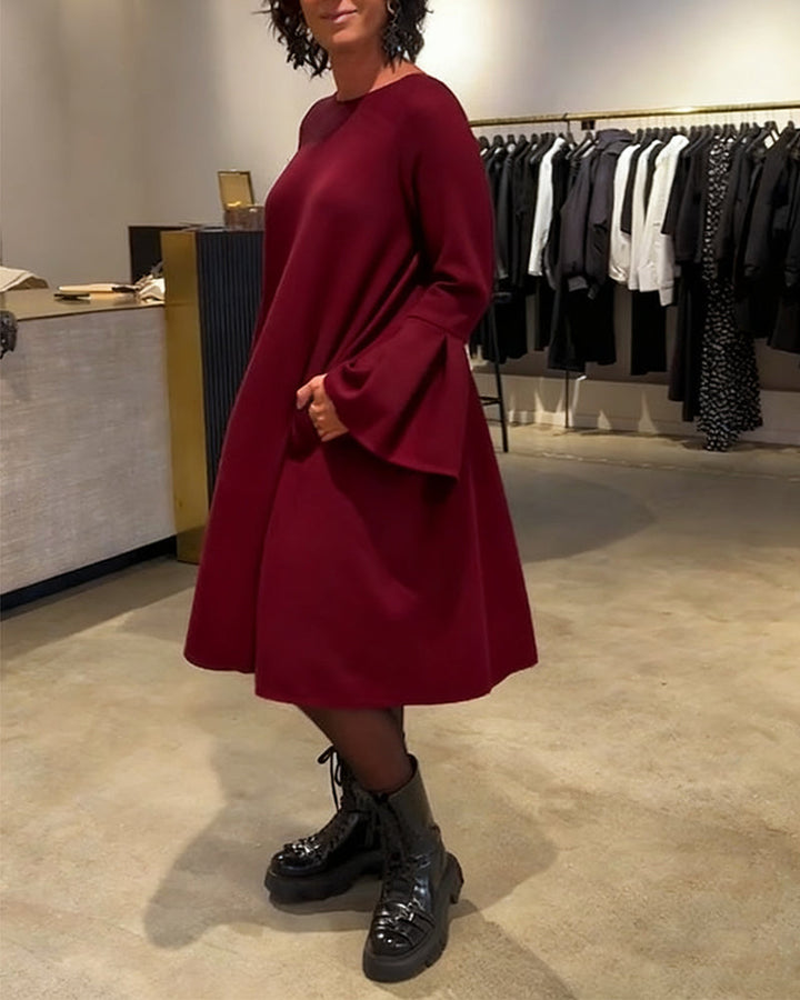 Dress Solid Color Bell Sleeve Ruched