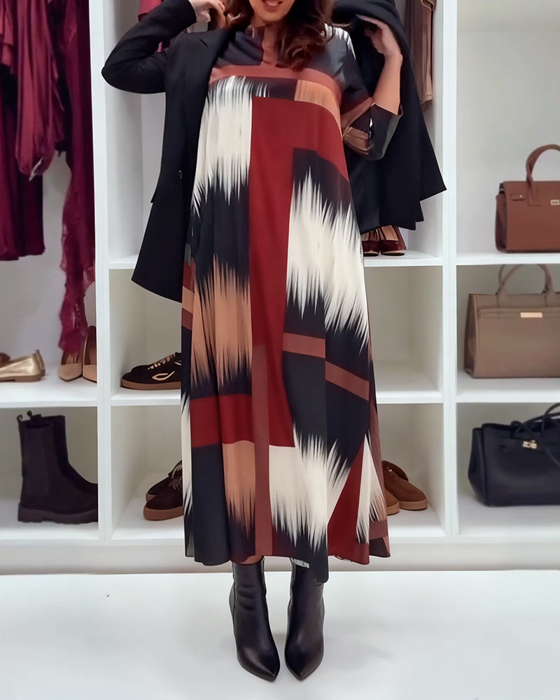 Modern Printed Dress With Round Neckline And Long Sleeves