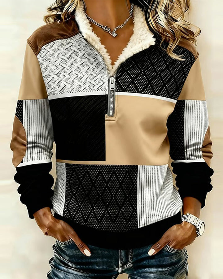 Half Zip Fleece-Lined Color Block Sweatshirt
