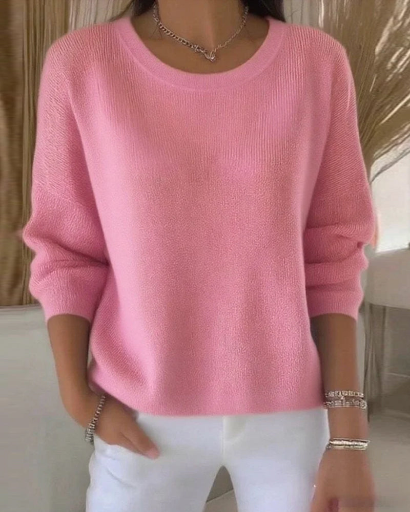 Solid Color Sweater with Round Neck and Drop Shoulder