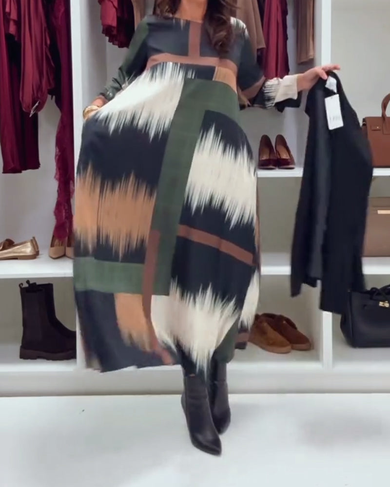 Modern Printed Dress With Round Neckline And Long Sleeves