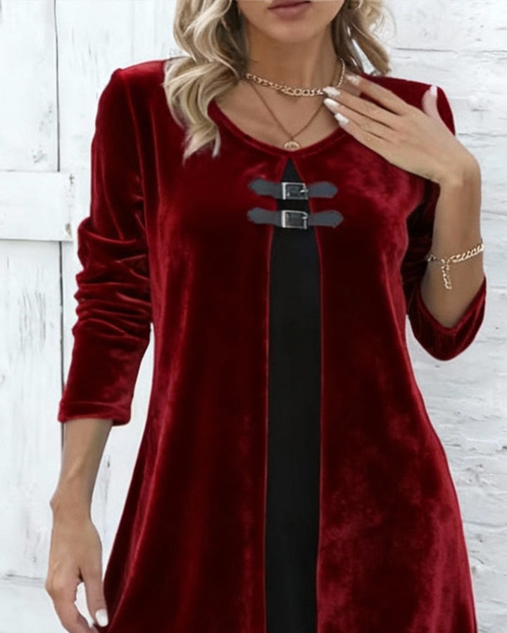 Velour Dress in Faux Two-Piece Design