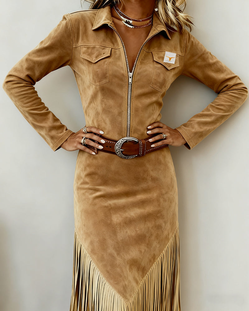 Solid Color Dress With Half Zipper And Tassel