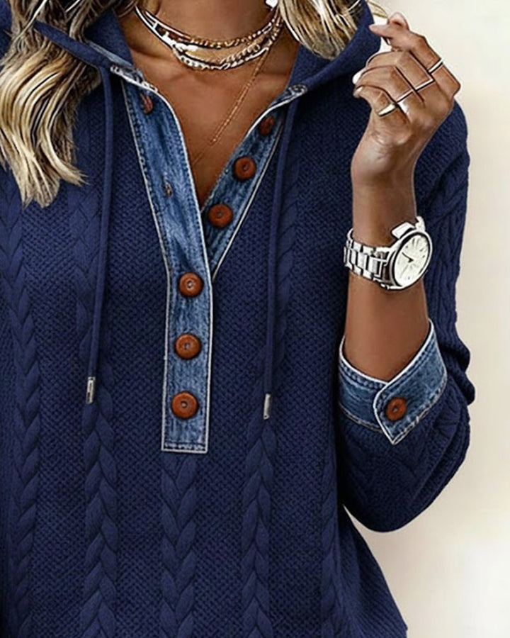 Color Blocked Long Sleeve Hoodie with Buttons