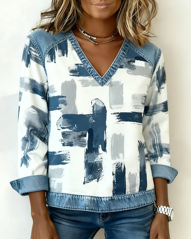 Long-Sleeve Sweatshirt with Ink Painting Print and Patchwork