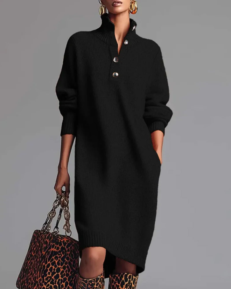 Solid Color Dress with Buttons and High Neck
