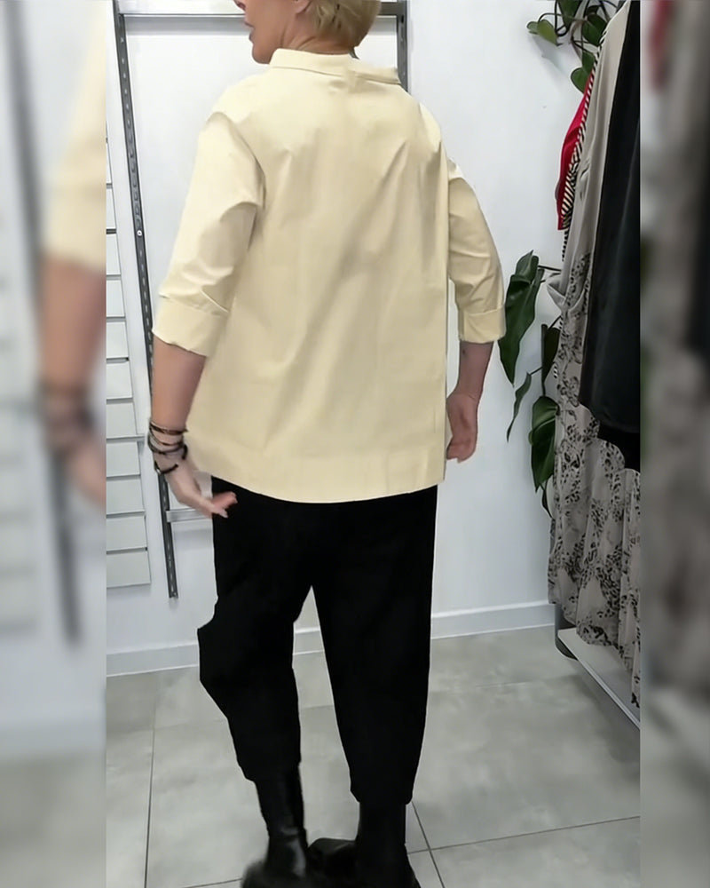 100% Cotton Blouse Wide Collar Solid Color Casual