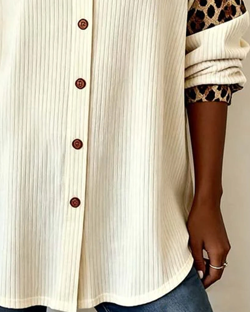 Shirt with Lapel Button Closure Leopard Print