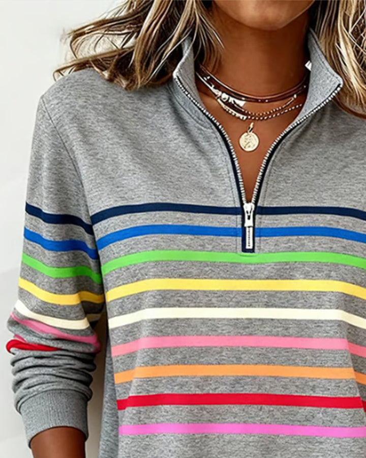 Mode Sweatshirt with Half Zipper and Rainbow Stripes