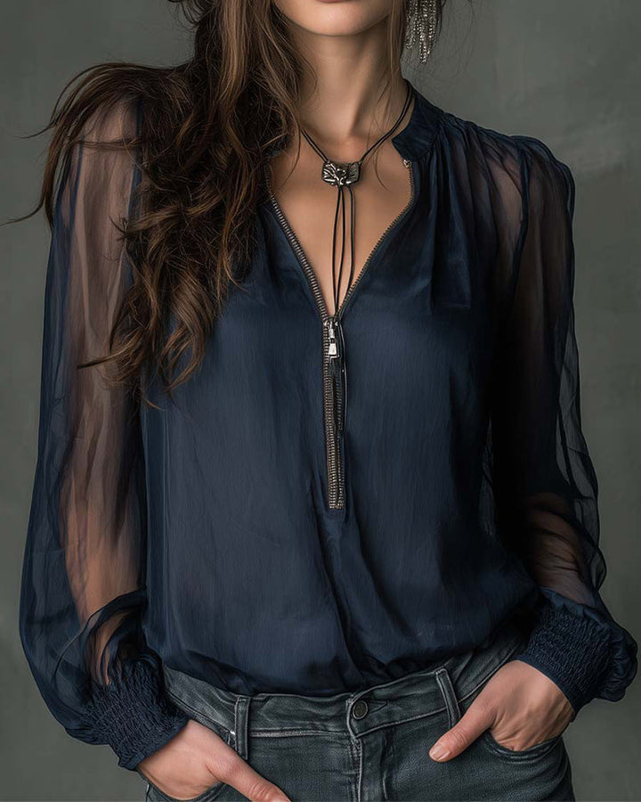 Half-Zip Blouse Long Sleeves