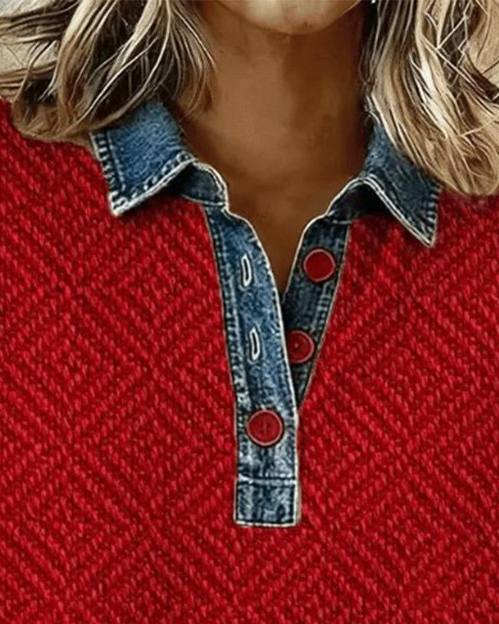Sweatshirt with Collar Denim Patchwork