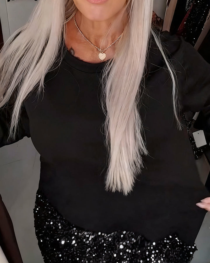 Dress Round Neck Long Sleeve With Glitter Patchwork