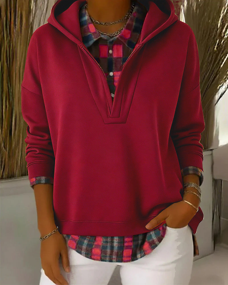 Hoodie Fake Two-Piece Checkered Patchwork