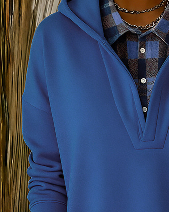 Hoodie Fake Two-Piece Checkered Patchwork