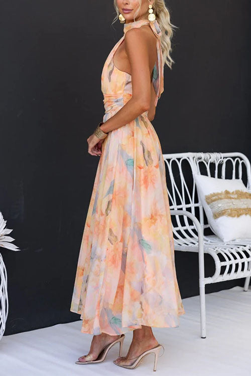Scarlett - Elegant Halter Neck Watercolor Print Maxi Dress