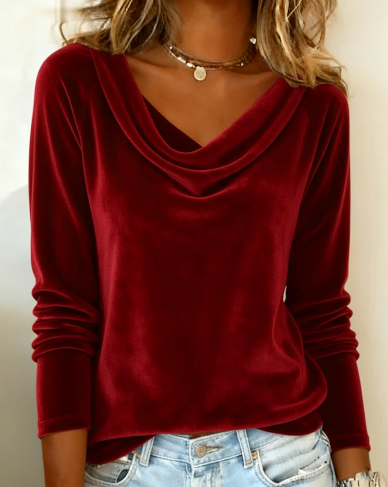 Long Sleeve Top in Velvet in Solid Color