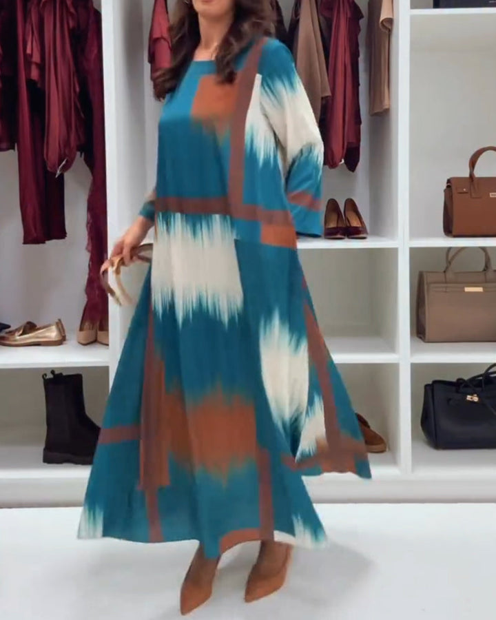 Modern Printed Dress With Round Neckline And Long Sleeves