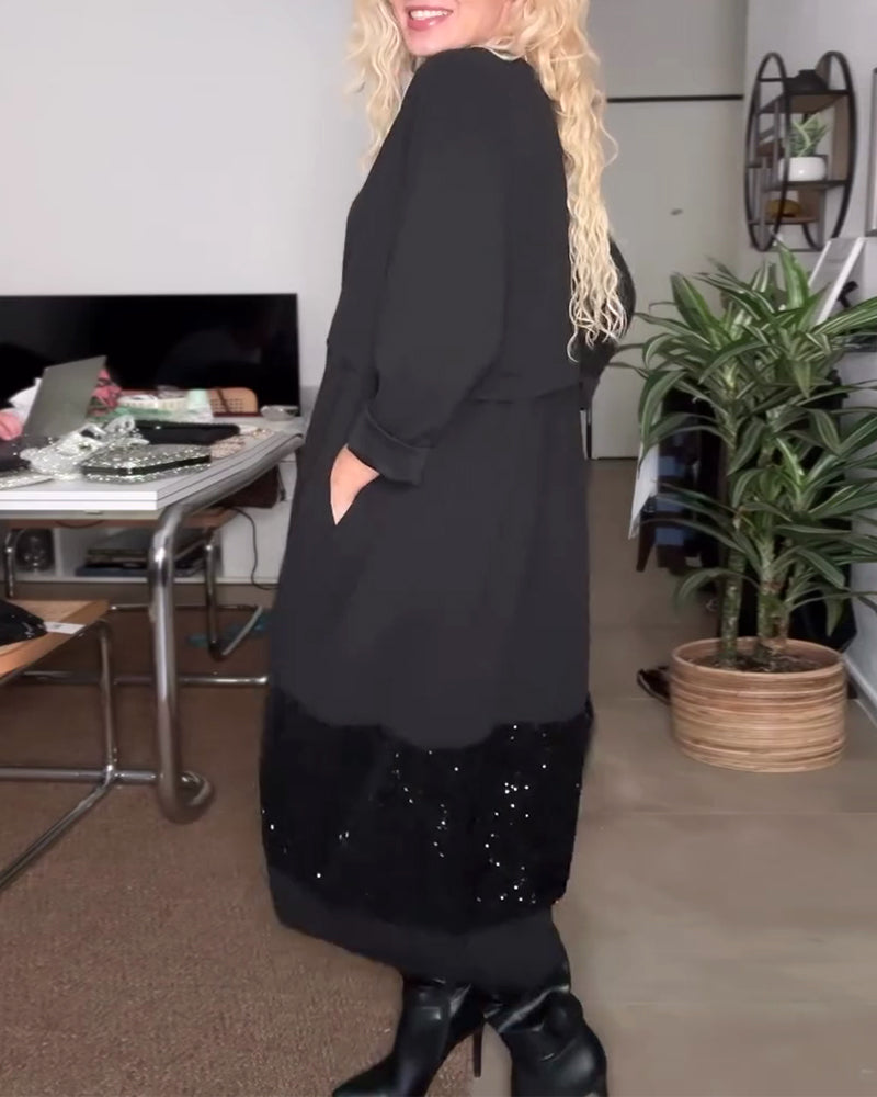 Dress Round Neck Sequins Patchwork Loose