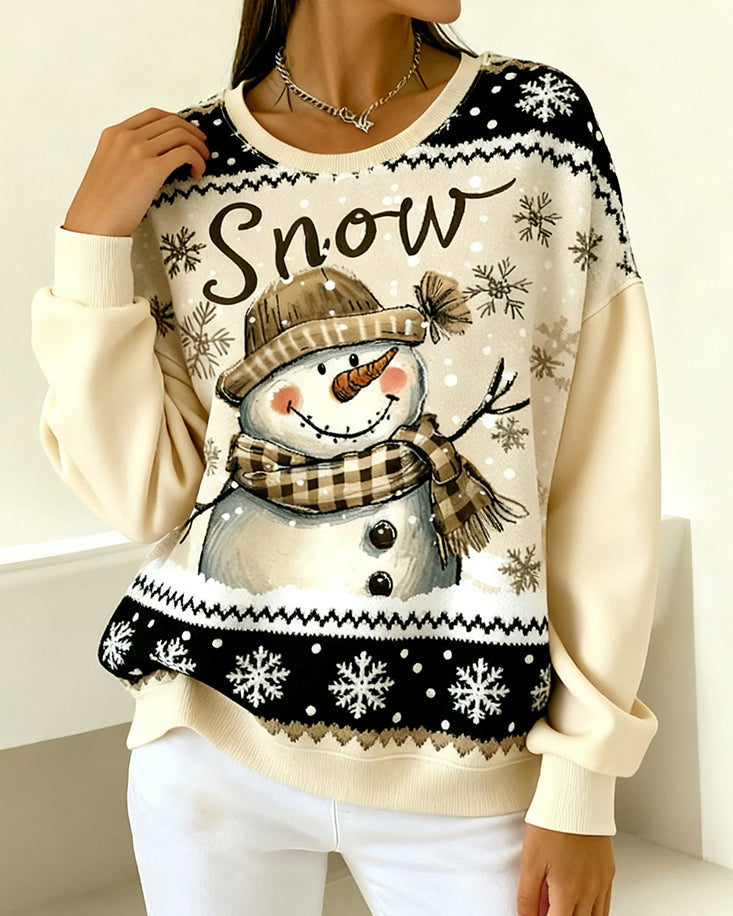 Long Sleeve Casual Sweatshirt with Snowman Print