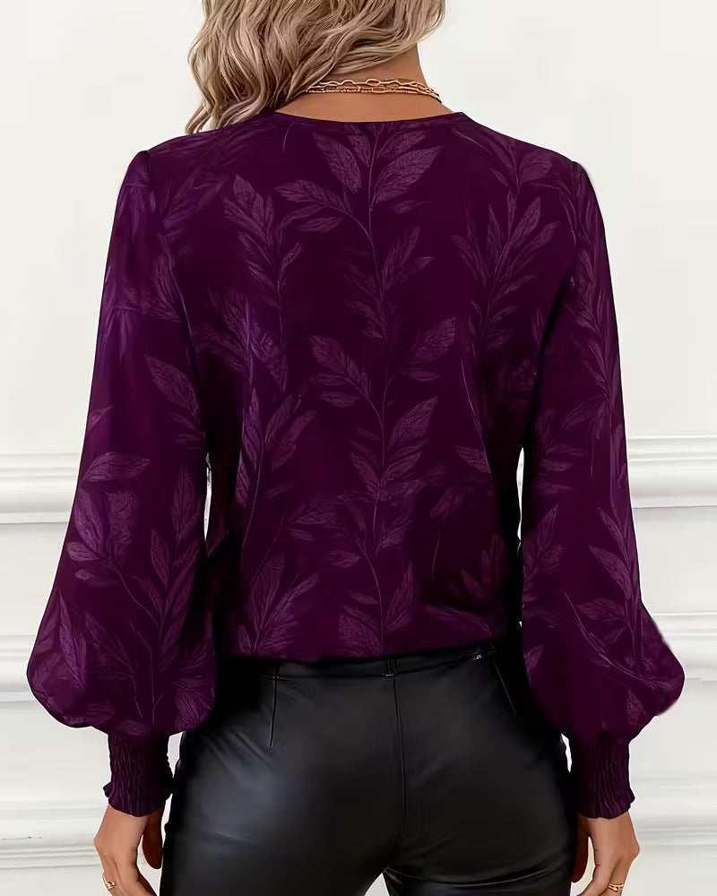 Blouse Leaf Pattern V-Neck Long Sleeve