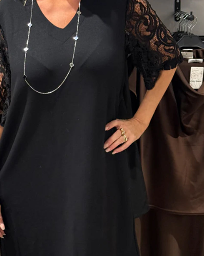 Stylish V-Neck Dress with Lace Sleeves