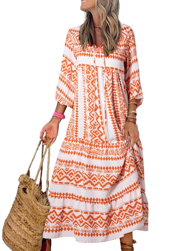WINONA – WOMEN'S PUFF SLEEVE GEOMETRIC BOHEMIAN MAXI DRESS