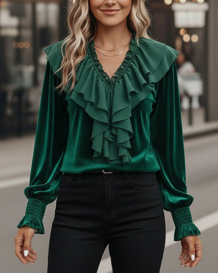 Top Ruffled V-Neck Long Sleeve Velvet