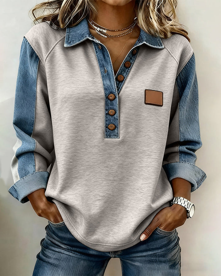 Stylish Sweatshirt with Denim Patchwork and Long Sleeves