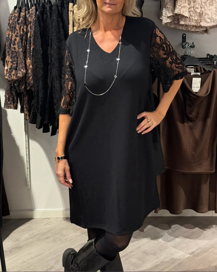 Stylish V-Neck Dress with Lace Sleeves