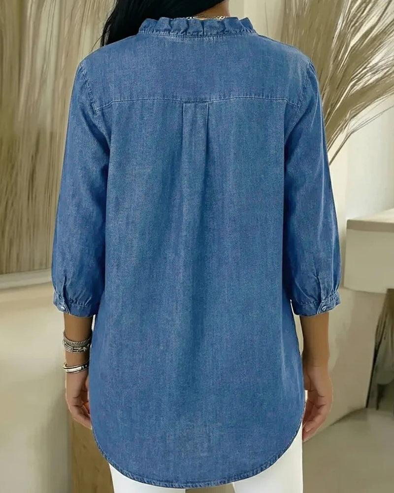Blouse Ruffle V-neck Denim