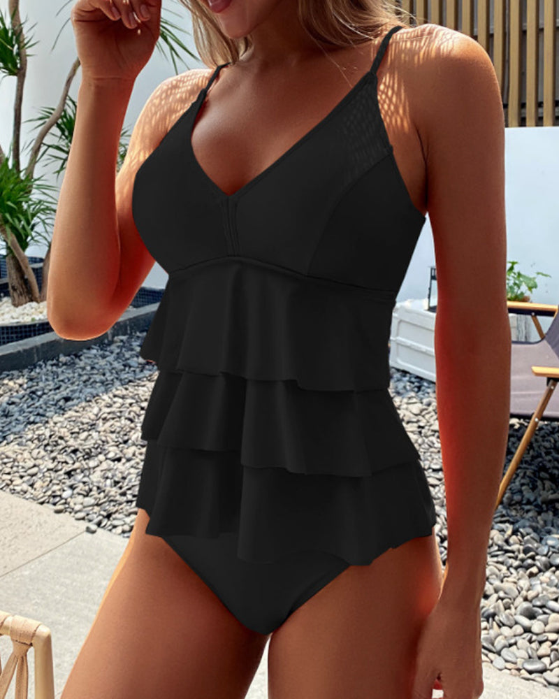 Leta - Solid swimsuit with decorative ruffles