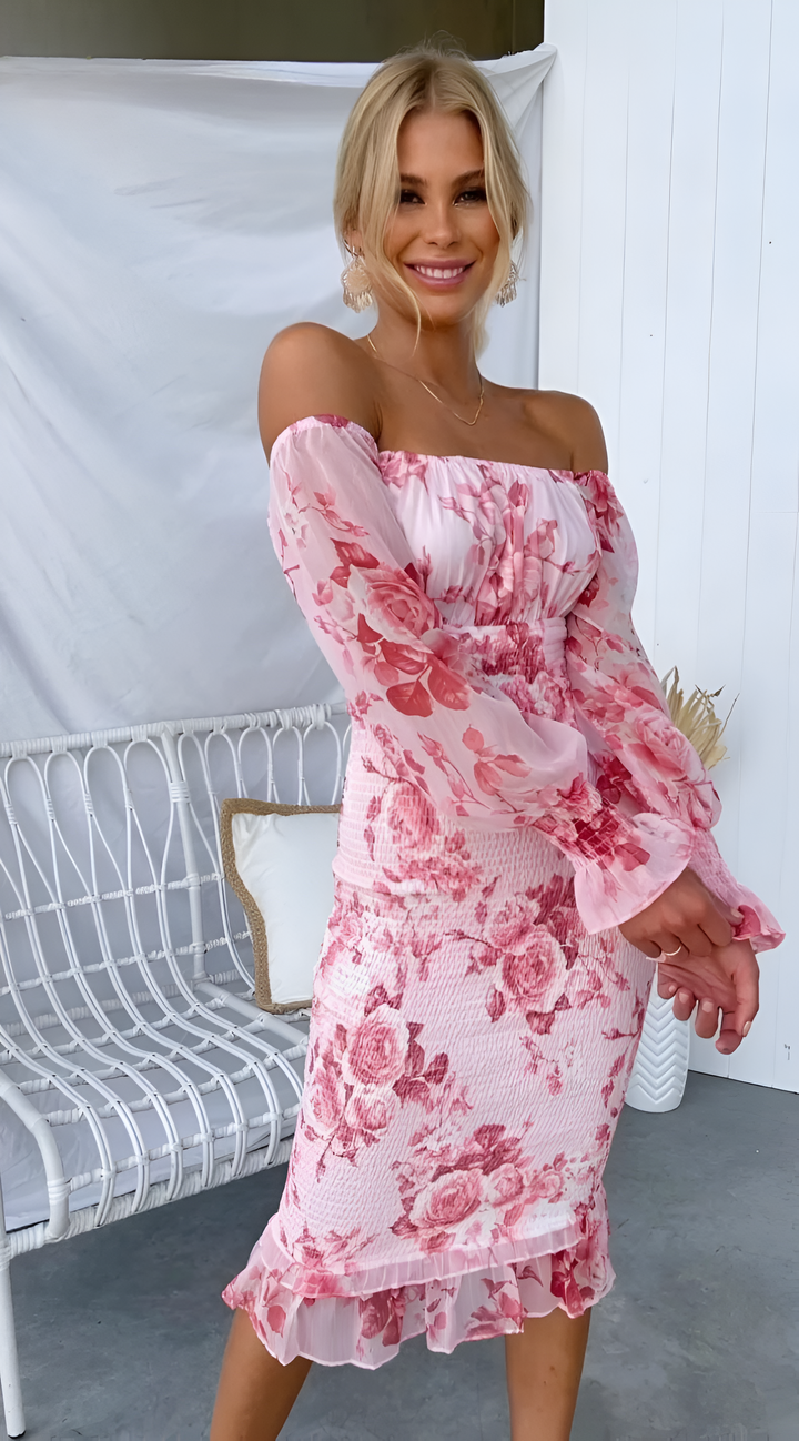 AISLYNN – FLORAL OFF-SHOULDER SMOCKED WAIST MIDI DRESS