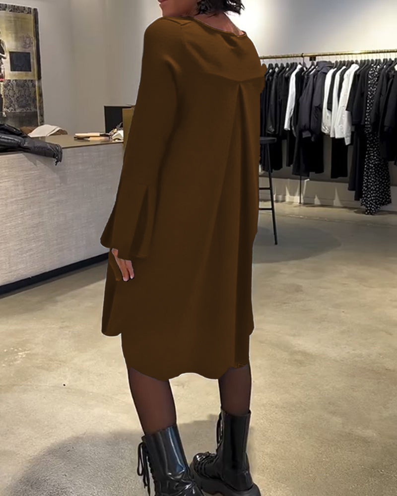 Dress Solid Color Bell Sleeve Ruched