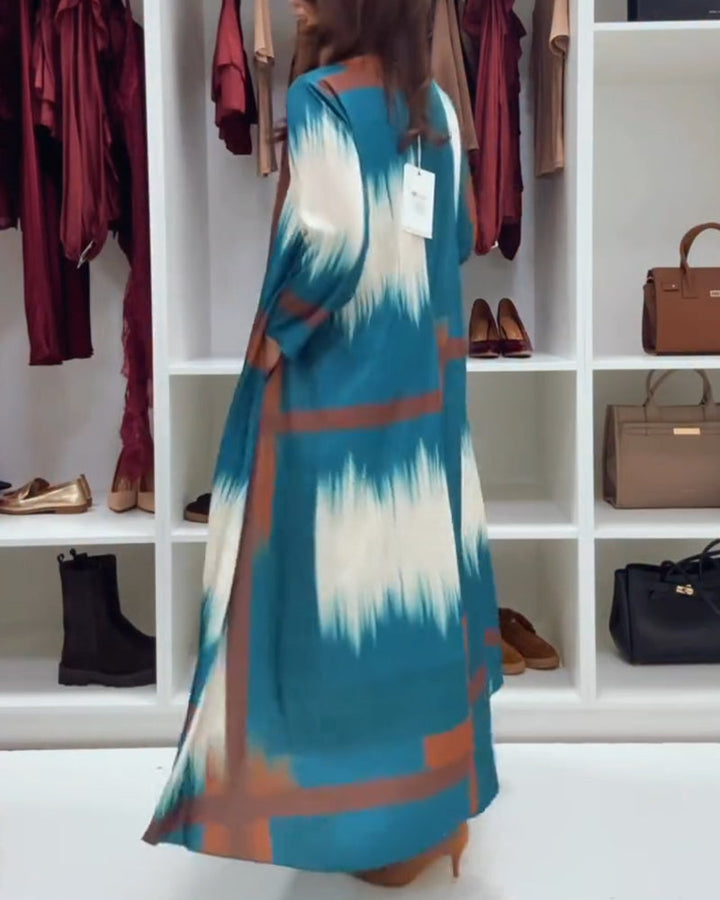 Modern Printed Dress With Round Neckline And Long Sleeves