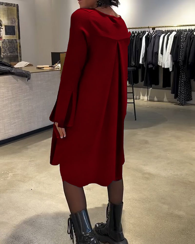 Dress Solid Color Bell Sleeve Ruched