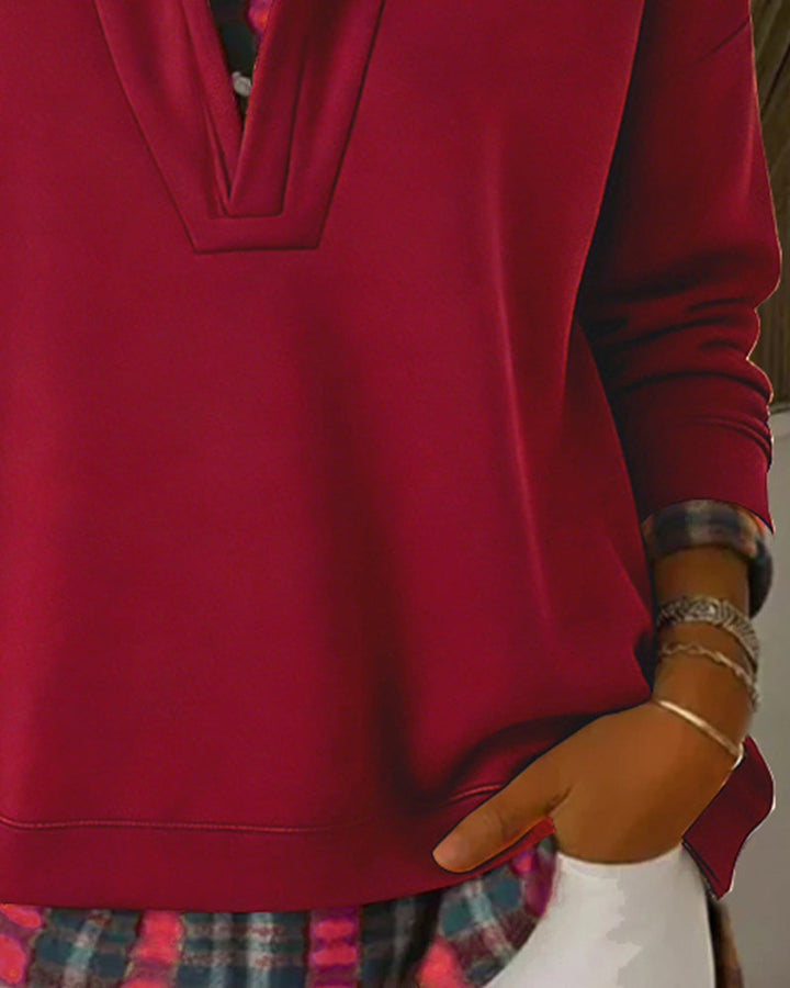 Hoodie Fake Two-Piece Checkered Patchwork