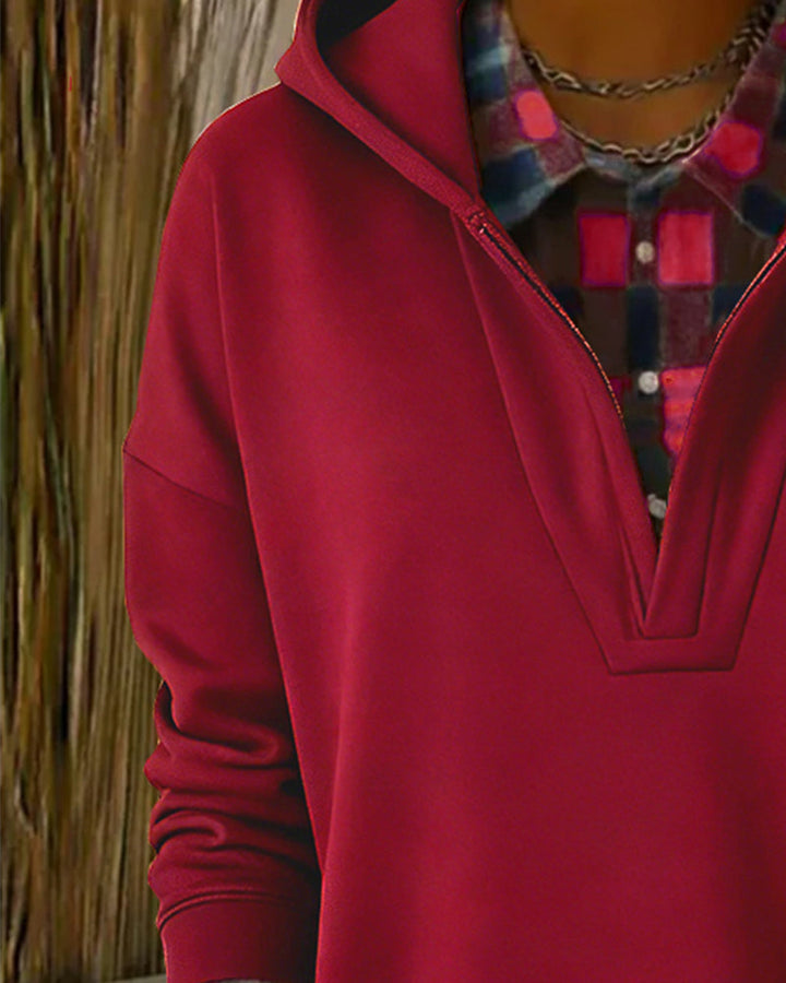 Hoodie Fake Two-Piece Checkered Patchwork