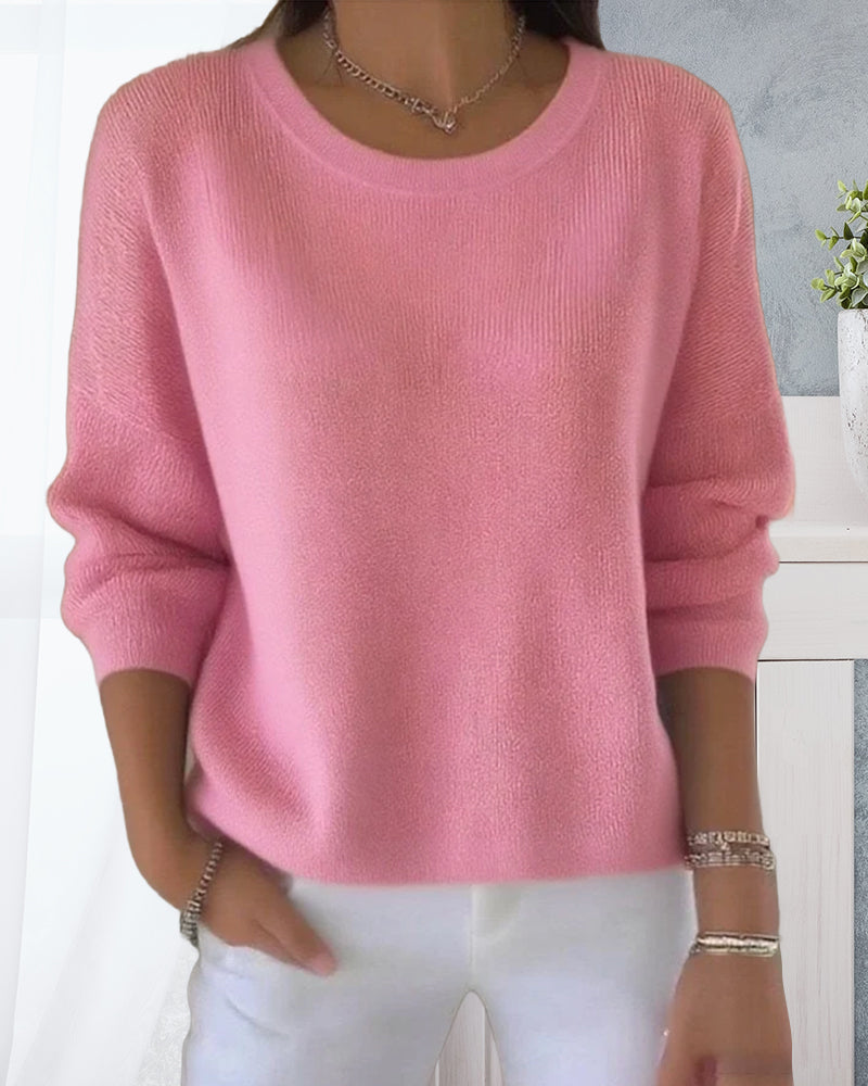 Solid Color Sweater with Round Neck and Drop Shoulder