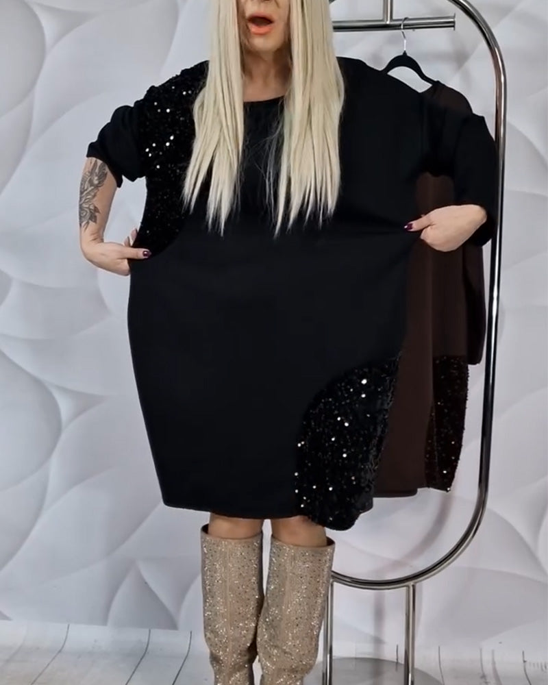 Dress Round Neckline Glitter Patchwork