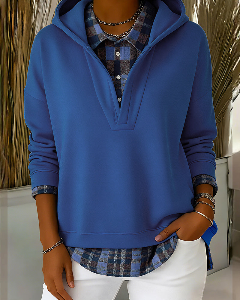 Hoodie Fake Two-Piece Checkered Patchwork
