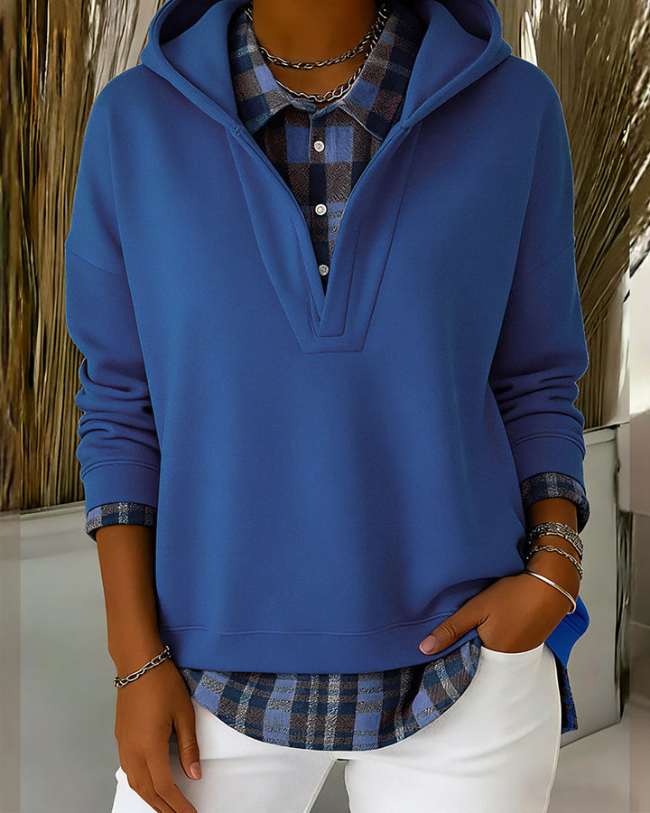 Hoodie Fake Two-Piece Checkered Patchwork