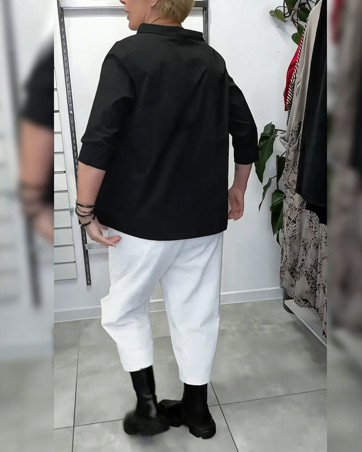 100% Cotton Blouse Wide Collar Solid Color Casual