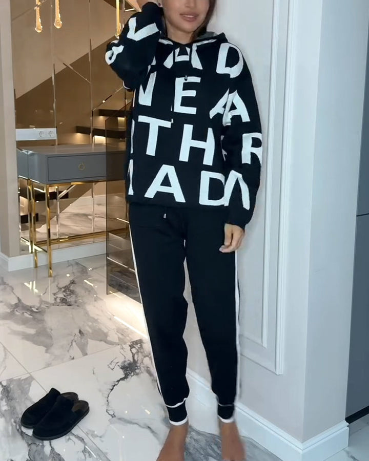 Two Piece Hoodie Set with Letter Print