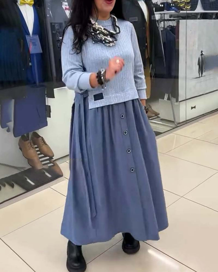 Dress Casual Color Block Round Neck