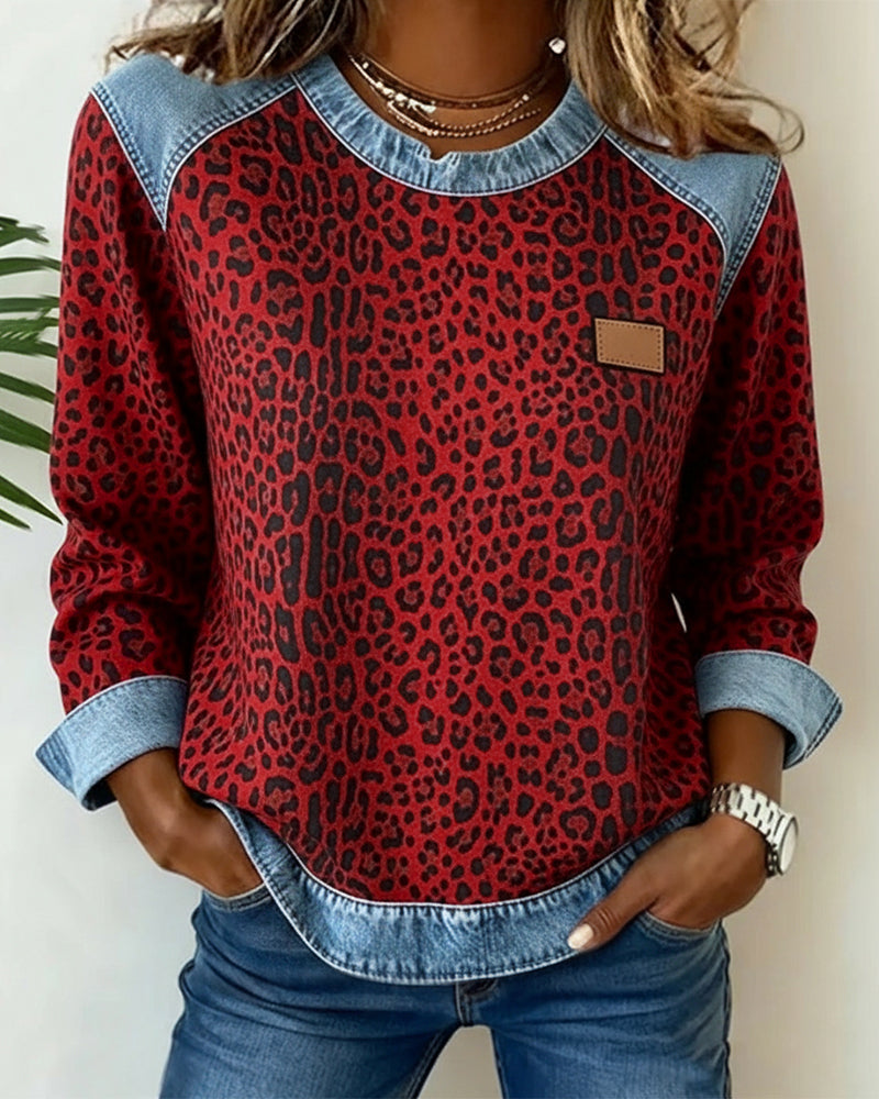 Leopard Print Sweatshirt Denim Patchwork