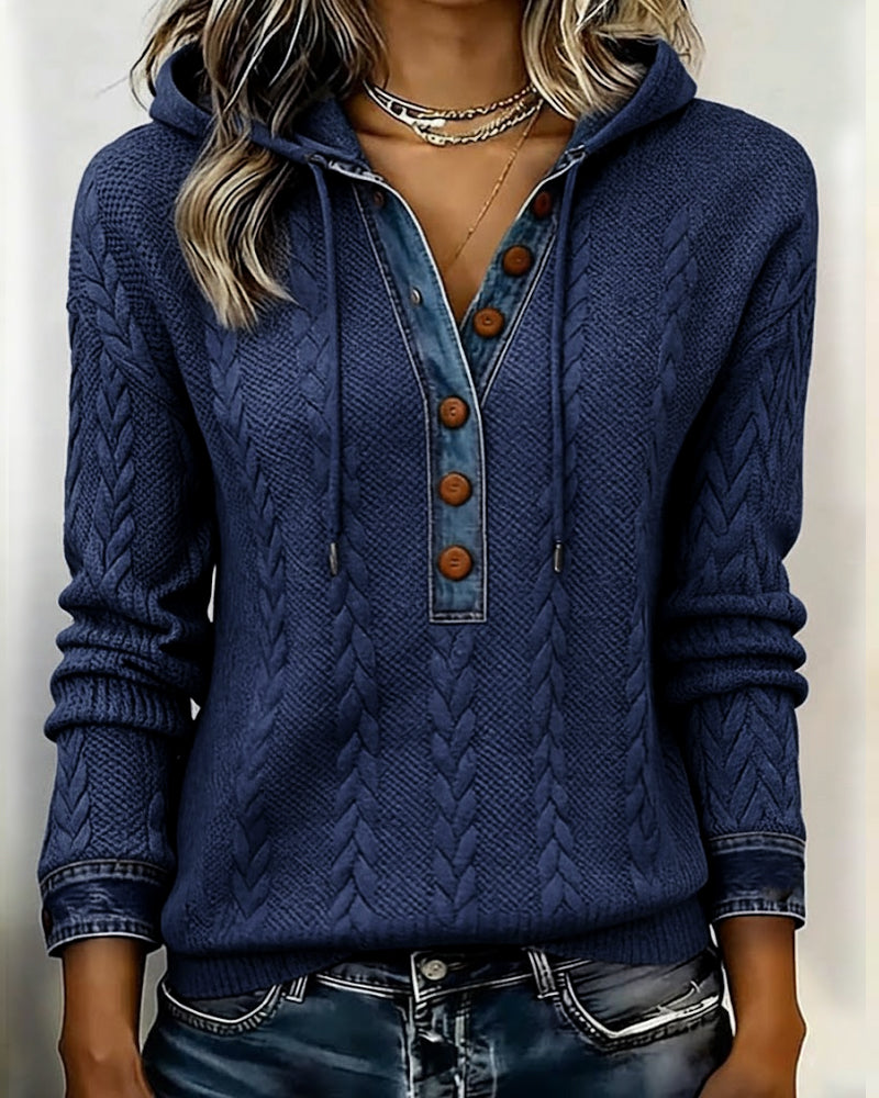 Color Blocked Long Sleeve Hoodie with Buttons