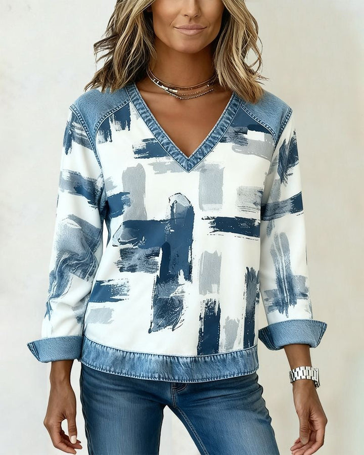 Long-Sleeve Sweatshirt with Ink Painting Print and Patchwork