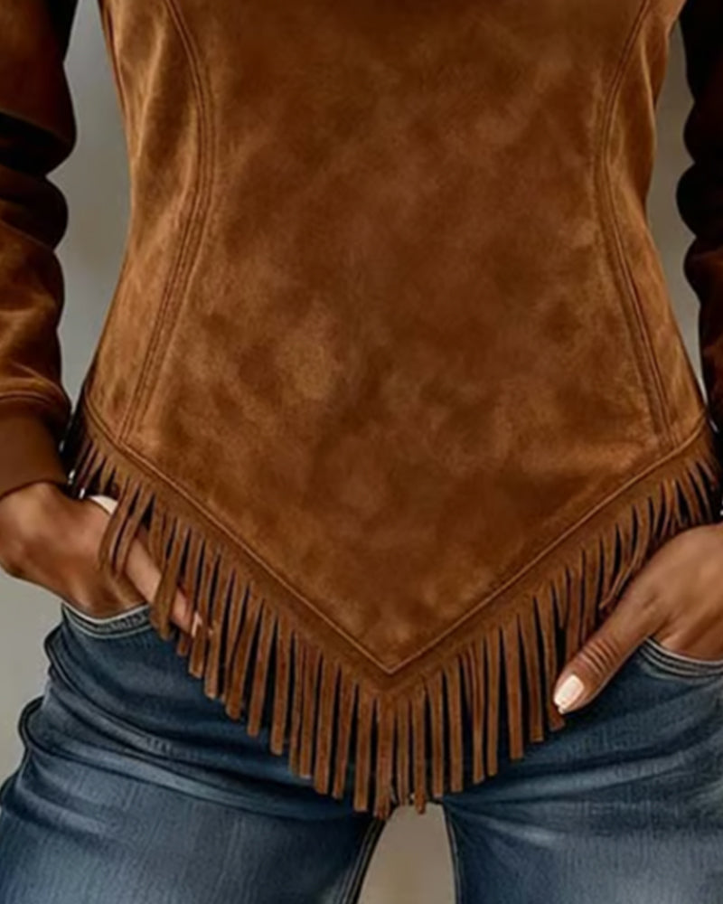 Sweatshirt with Half-Zip Collar Asymmetric Design and Fringe Detail