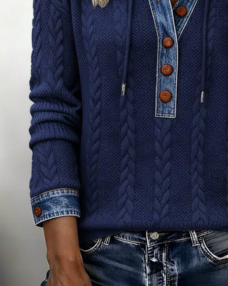 Color Blocked Long Sleeve Hoodie with Buttons