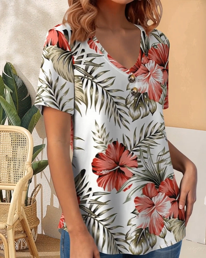 T-Shirt V-Neck Leaf Print Short Sleeve